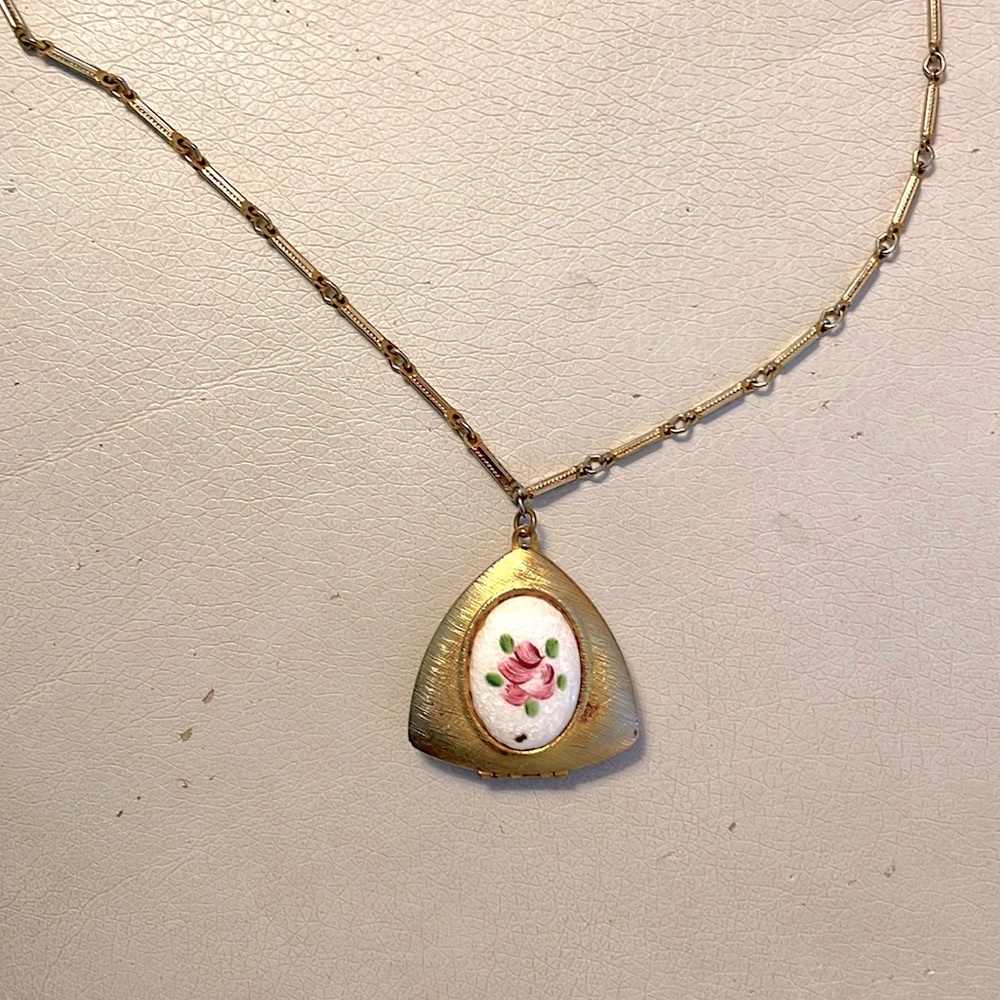 Antique vintage faded gold rare hand painted flower big locket